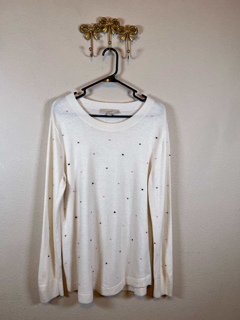 LOFT Cream Long-Sleeve Sweater with Multicolor Dot Embroidered Accents. Size L